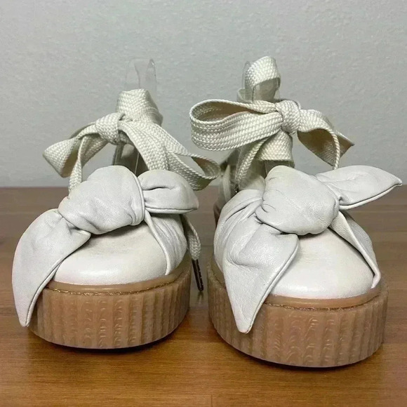 FENTY PUMA Women's 8.5 The Bow Creeper Sandals Cream Leather Lace Up Flatform - Picture 9 of 16